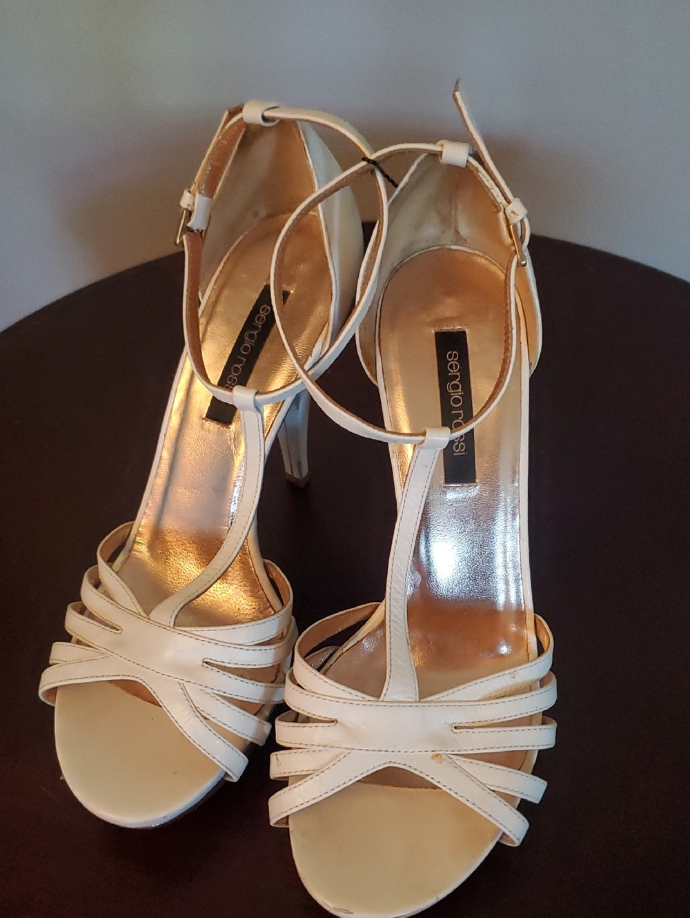 Sergio Rossi Cream T-Strap Strappy High Heel Sandals